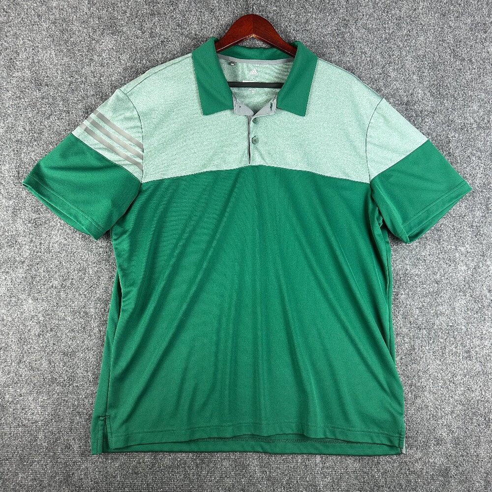 Adidas Golf Polo Shirt Mens XL Green Stretch Short Sleeve Logo Stripes Split Hem